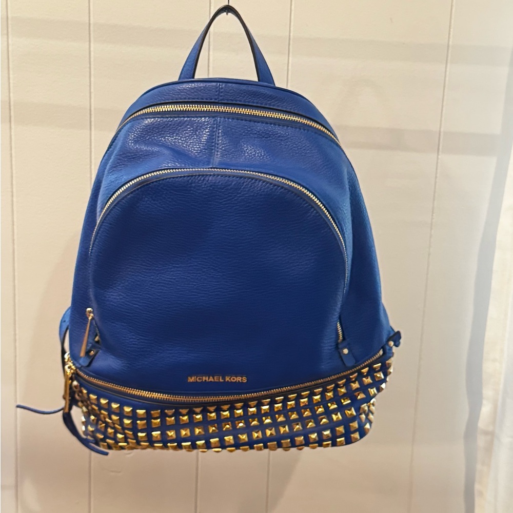 Michael Kors Blue and Gold Backpack with Studded Detail